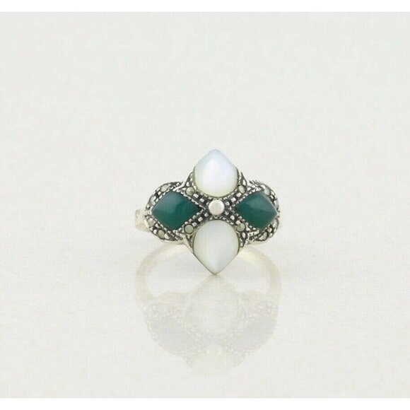 Sterling Silver Mother of Pearl, Green Onyx and Marcasite Ring Size 7 - Picture 1 of 7